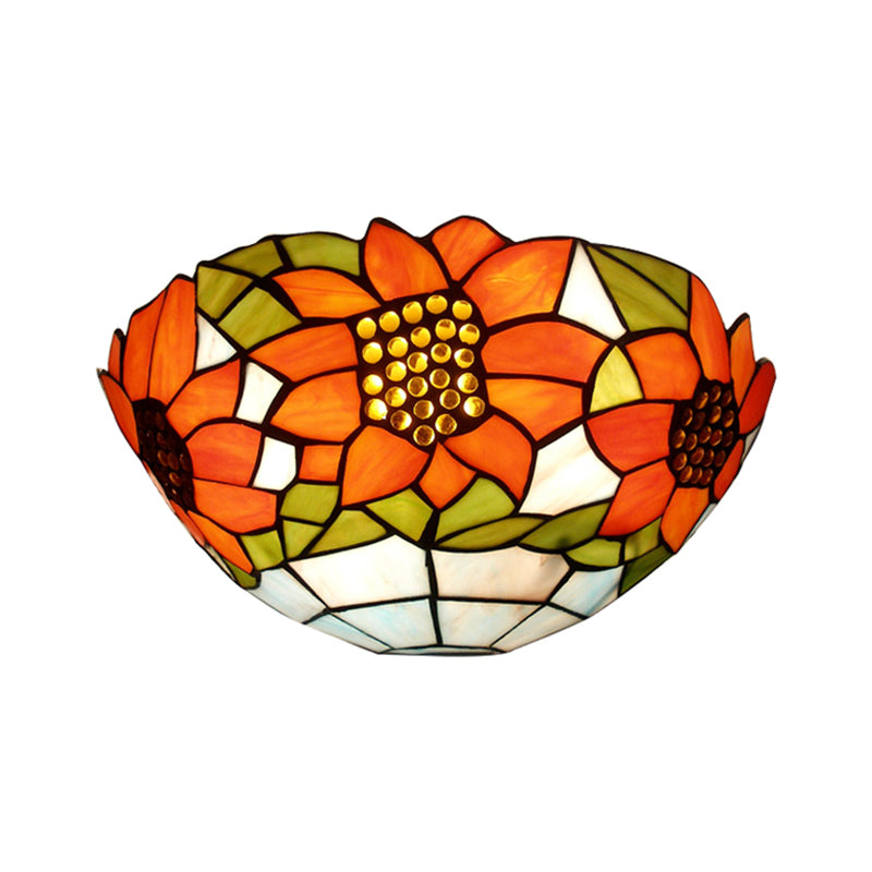 Sunflower Wall Lighting with Bowl Shade Stained Glass Rustic Tiffany Sconce Light Clearhalo 'Industrial' 'Middle century wall lights' 'Tiffany wall lights' 'Tiffany' 'Wall Lamps & Sconces' 'Wall Lights' Lighting' 168592