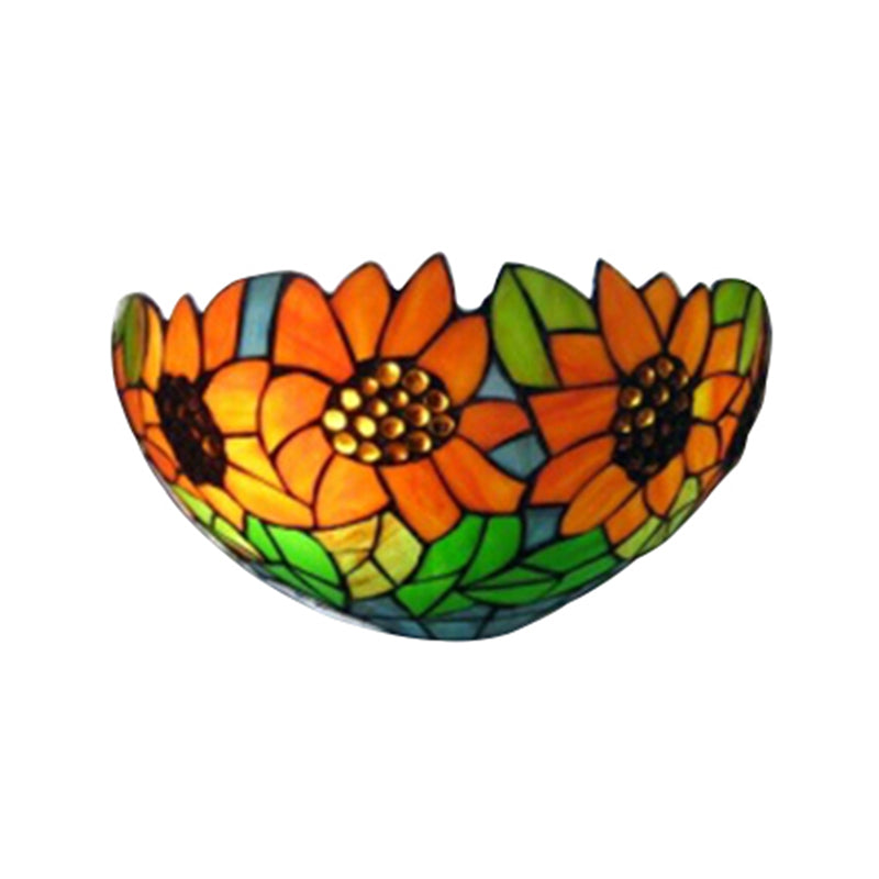 Sunflower Wall Lighting with Bowl Shade Stained Glass Rustic Tiffany Sconce Light Clearhalo 'Industrial' 'Middle century wall lights' 'Tiffany wall lights' 'Tiffany' 'Wall Lamps & Sconces' 'Wall Lights' Lighting' 168595