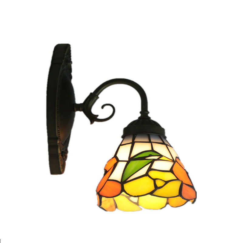 1 Head Peony Sconce Light Victorian Black Stained Glass Wall Mount Light with Curved/Straight Arm Clearhalo 'Industrial' 'Middle century wall lights' 'Tiffany wall lights' 'Tiffany' 'Wall Lamps & Sconces' 'Wall Lights' Lighting' 168640