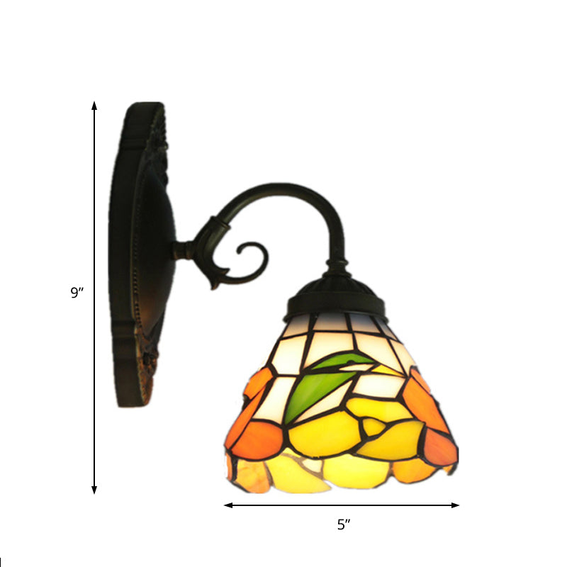 1 Head Peony Sconce Light Victorian Black Stained Glass Wall Mount Light with Curved/Straight Arm Clearhalo 'Industrial' 'Middle century wall lights' 'Tiffany wall lights' 'Tiffany' 'Wall Lamps & Sconces' 'Wall Lights' Lighting' 168641