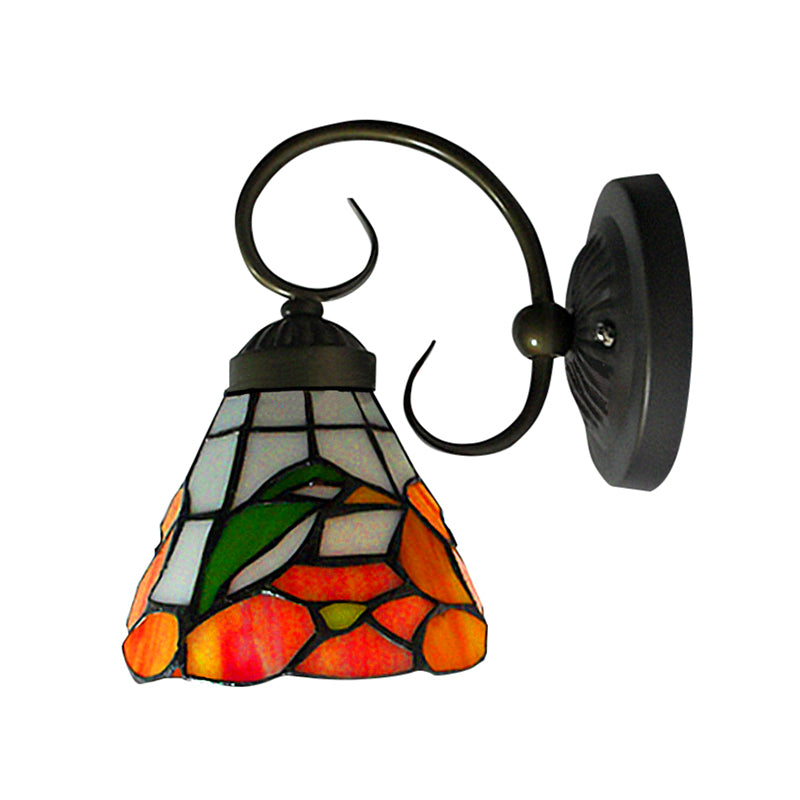 1 Head Peony Sconce Light Victorian Black Stained Glass Wall Mount Light with Curved/Straight Arm Clearhalo 'Industrial' 'Middle century wall lights' 'Tiffany wall lights' 'Tiffany' 'Wall Lamps & Sconces' 'Wall Lights' Lighting' 168643