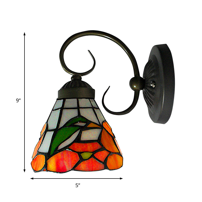 1 Head Peony Sconce Light Victorian Black Stained Glass Wall Mount Light with Curved/Straight Arm Clearhalo 'Industrial' 'Middle century wall lights' 'Tiffany wall lights' 'Tiffany' 'Wall Lamps & Sconces' 'Wall Lights' Lighting' 168644