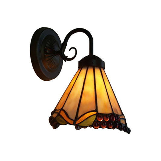 Rustic Conical Wall Mount Light with Curved Arm 1 Light Stained Glass Bedroom Wall Sconce Clearhalo 'Industrial' 'Middle century wall lights' 'Tiffany wall lights' 'Tiffany' 'Wall Lamps & Sconces' 'Wall Lights' Lighting' 168651