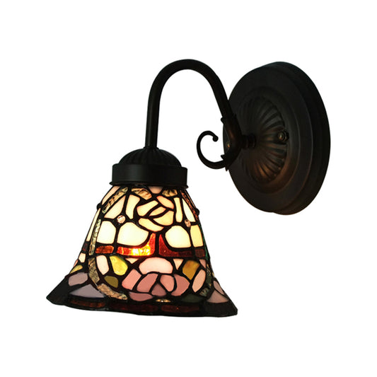 1 Head Flared Sconce Light Victorian Black Multicolor Stained Glass Wall Mounted Lamp with Rose Pattern Clearhalo 'Industrial' 'Middle century wall lights' 'Tiffany wall lights' 'Tiffany' 'Wall Lamps & Sconces' 'Wall Lights' Lighting' 168655