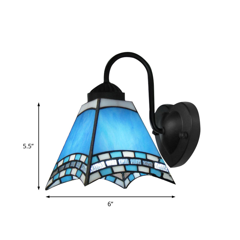 Pyramid Wall Light Fixture Tiffany Blue/Yellow Glass 1 Head Black Sconce Light for Living Room Clearhalo 'Industrial' 'Middle century wall lights' 'Tiffany wall lights' 'Tiffany' 'Wall Lamps & Sconces' 'Wall Lights' Lighting' 168676