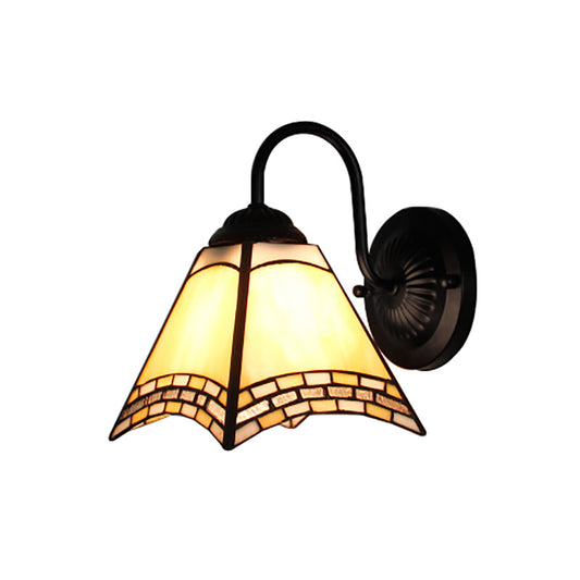 Pyramid Wall Light Fixture Tiffany Blue/Yellow Glass 1 Head Black Sconce Light for Living Room Clearhalo 'Industrial' 'Middle century wall lights' 'Tiffany wall lights' 'Tiffany' 'Wall Lamps & Sconces' 'Wall Lights' Lighting' 168678