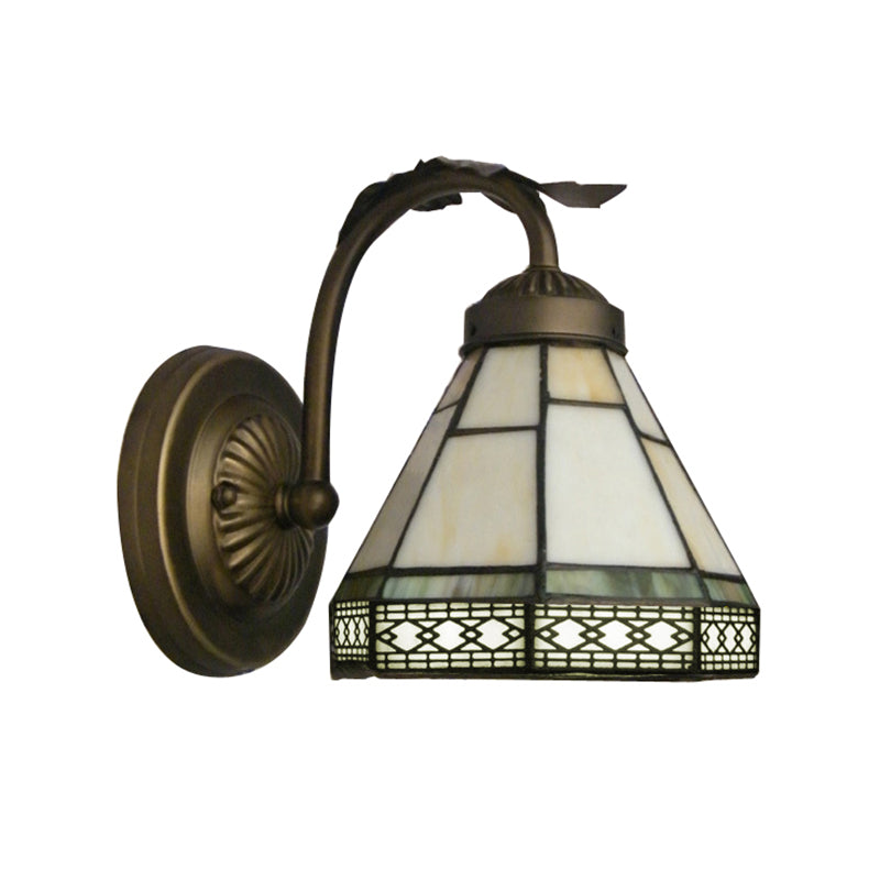 Tiffany Style Mini Wall Sconce with Curved Arm 1 Light Art Glass Wall Lighting in Aged Brass Clearhalo 'Industrial' 'Middle century wall lights' 'Tiffany wall lights' 'Tiffany' 'Wall Lamps & Sconces' 'Wall Lights' Lighting' 168705