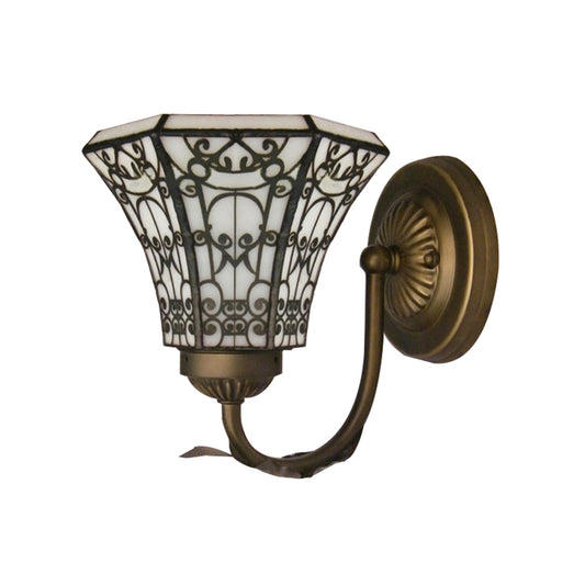 Tiffany Style Mini Wall Sconce with Curved Arm 1 Light Art Glass Wall Lighting in Aged Brass Clearhalo 'Industrial' 'Middle century wall lights' 'Tiffany wall lights' 'Tiffany' 'Wall Lamps & Sconces' 'Wall Lights' Lighting' 168708