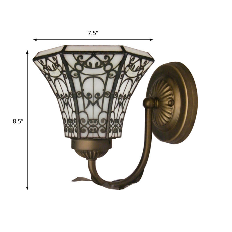 Tiffany Style Mini Wall Sconce with Curved Arm 1 Light Art Glass Wall Lighting in Aged Brass Clearhalo 'Industrial' 'Middle century wall lights' 'Tiffany wall lights' 'Tiffany' 'Wall Lamps & Sconces' 'Wall Lights' Lighting' 168709