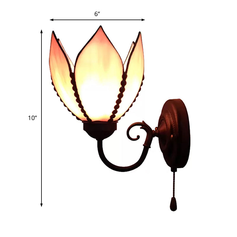 One Light Petal Wall Lighting with Curved Arm and Pull Chain Stained Glass Rustic Wall Lamp Clearhalo 'Industrial' 'Middle century wall lights' 'Tiffany wall lights' 'Tiffany' 'Wall Lamps & Sconces' 'Wall Lights' Lighting' 168721
