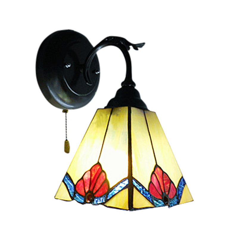 Flower Mini Wall Light with Pyramid Shade Stained Glass 1 Light Lodge Wall Sconce in Black Clearhalo 'Industrial' 'Middle century wall lights' 'Tiffany wall lights' 'Tiffany' 'Wall Lamps & Sconces' 'Wall Lights' Lighting' 168726