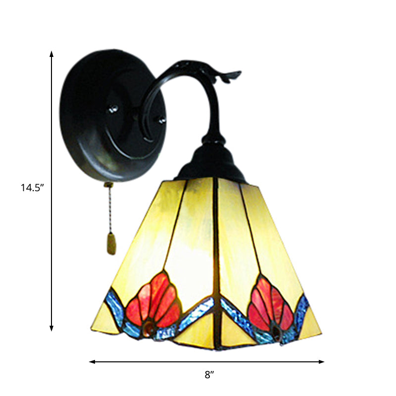 Flower Mini Wall Light with Pyramid Shade Stained Glass 1 Light Lodge Wall Sconce in Black Clearhalo 'Industrial' 'Middle century wall lights' 'Tiffany wall lights' 'Tiffany' 'Wall Lamps & Sconces' 'Wall Lights' Lighting' 168727