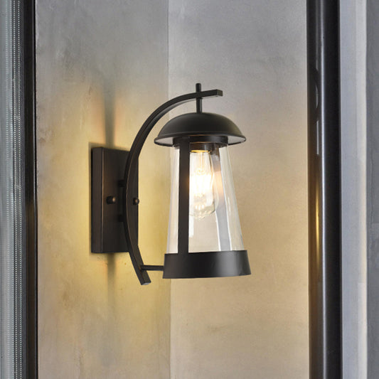 Clear Glass Kerosene Lamp Wall Light Farmhouse 1 Head Patio Wall Lighting with Curved Arm in Black Clearhalo 'Art deco wall lights' 'Cast Iron' 'Glass' 'Industrial wall lights' 'Industrial' 'Middle century wall lights' 'Modern' 'Rustic wall lights' 'Tiffany' 'Traditional wall lights' 'Wall Lamps & Sconces' 'Wall Lights' Lighting' 1687491