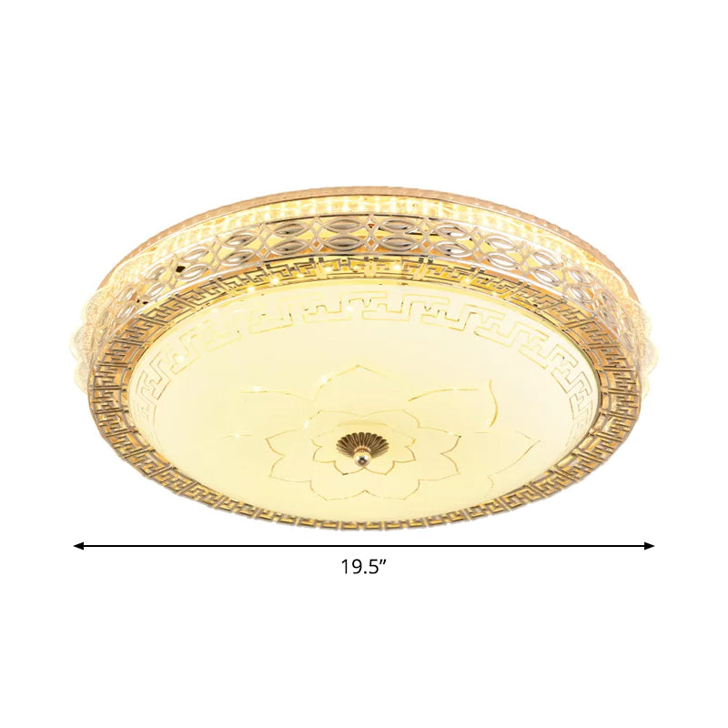 Gold LED Ceiling Fixture Antiqued Opaline Glass Pierced Drum Flush Light with Flower Pattern