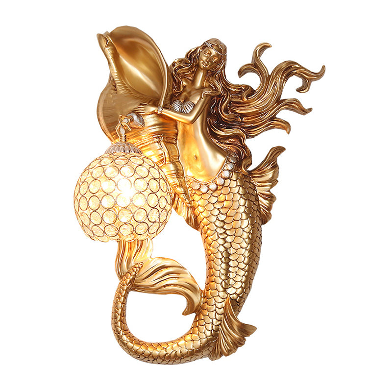 Farmhouse Sphere Sconce Light 1-Bulb Clear Beveled Crystal Wall Mounted Lighting with Mermaid Design in Light Blue/Gold, Left/Right Clearhalo 'Wall Lamps & Sconces' 'Wall Lights' Lighting' 1687595