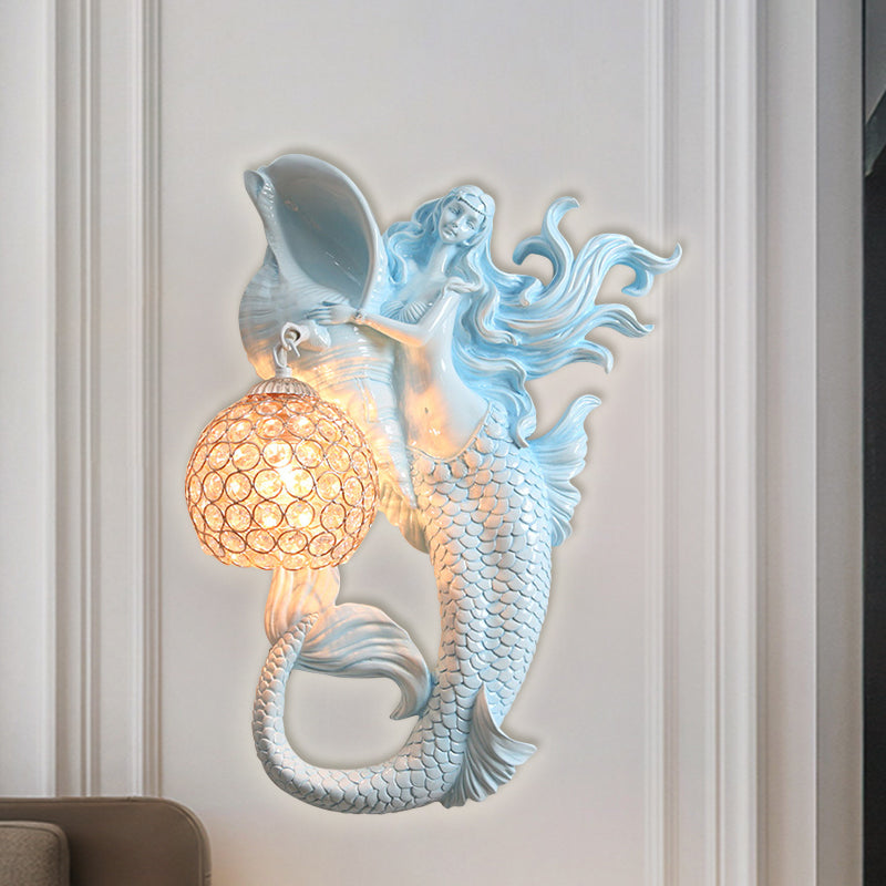 Farmhouse Sphere Sconce Light 1-Bulb Clear Beveled Crystal Wall Mounted Lighting with Mermaid Design in Light Blue/Gold, Left/Right Light Blue Left Clearhalo 'Wall Lamps & Sconces' 'Wall Lights' Lighting' 1687597