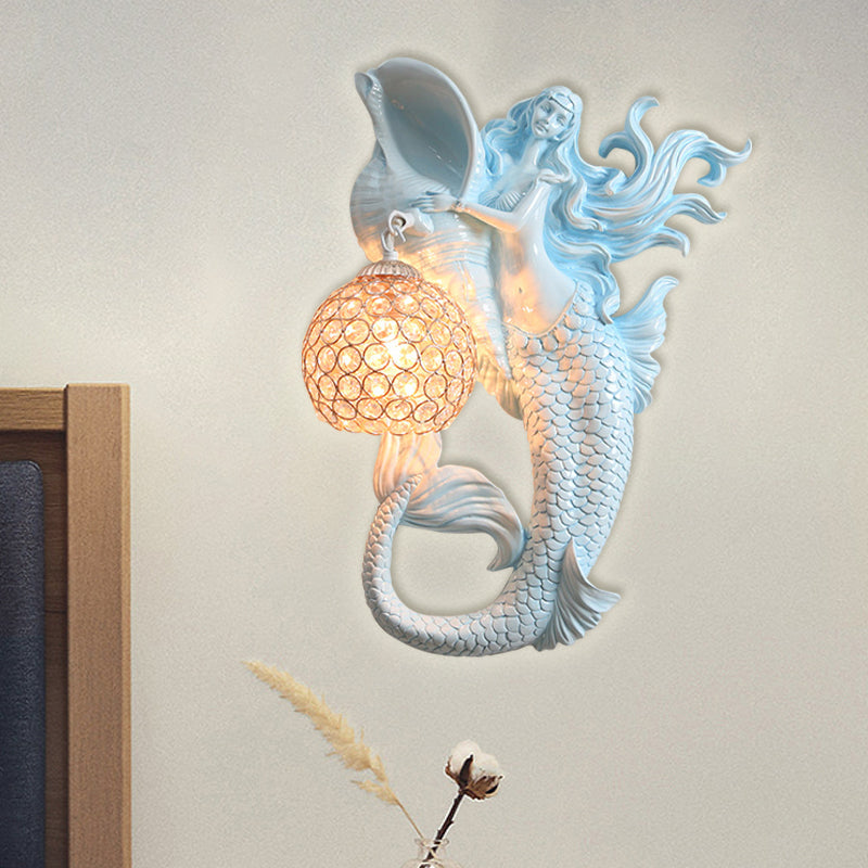 Farmhouse Sphere Sconce Light 1-Bulb Clear Beveled Crystal Wall Mounted Lighting with Mermaid Design in Light Blue/Gold, Left/Right Clearhalo 'Wall Lamps & Sconces' 'Wall Lights' Lighting' 1687598