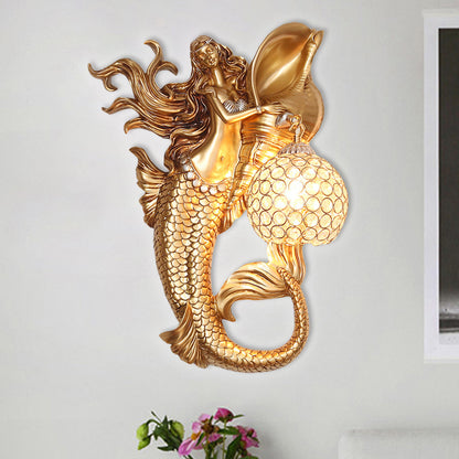 Farmhouse Sphere Sconce Light 1-Bulb Clear Beveled Crystal Wall Mounted Lighting with Mermaid Design in Light Blue/Gold, Left/Right Gold Right Clearhalo 'Wall Lamps & Sconces' 'Wall Lights' Lighting' 1687601