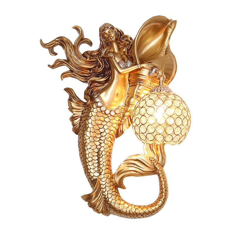 Farmhouse Sphere Sconce Light 1-Bulb Clear Beveled Crystal Wall Mounted Lighting with Mermaid Design in Light Blue/Gold, Left/Right Clearhalo 'Wall Lamps & Sconces' 'Wall Lights' Lighting' 1687604