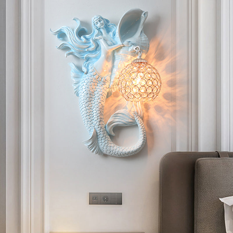 Farmhouse Sphere Sconce Light 1-Bulb Clear Beveled Crystal Wall Mounted Lighting with Mermaid Design in Light Blue/Gold, Left/Right Light Blue Right Clearhalo 'Wall Lamps & Sconces' 'Wall Lights' Lighting' 1687606