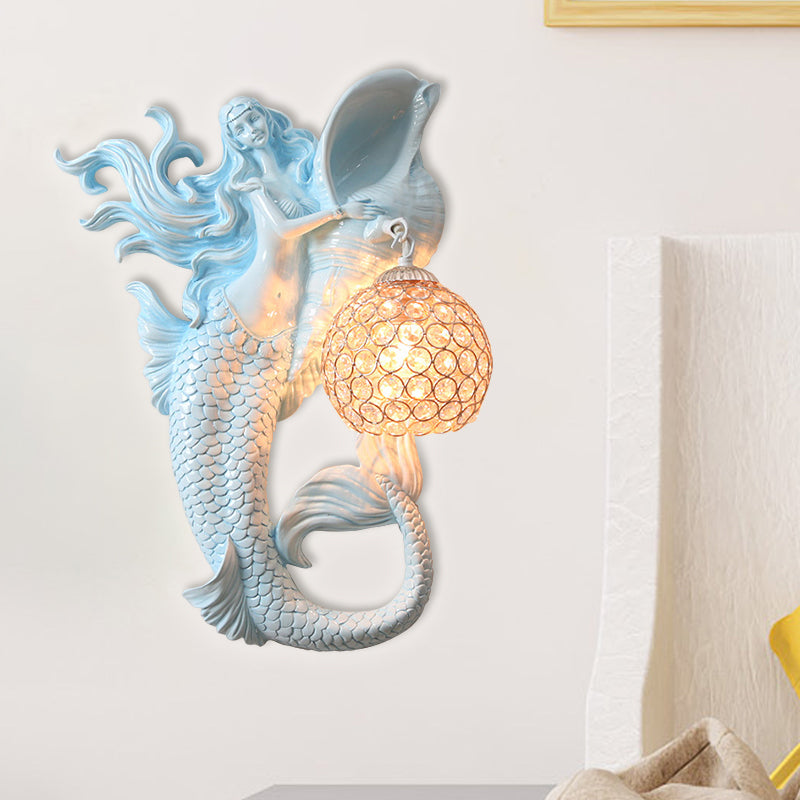 Farmhouse Sphere Sconce Light 1-Bulb Clear Beveled Crystal Wall Mounted Lighting with Mermaid Design in Light Blue/Gold, Left/Right Clearhalo 'Wall Lamps & Sconces' 'Wall Lights' Lighting' 1687607