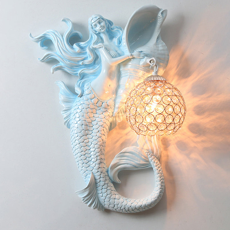 Farmhouse Sphere Sconce Light 1-Bulb Clear Beveled Crystal Wall Mounted Lighting with Mermaid Design in Light Blue/Gold, Left/Right Clearhalo 'Wall Lamps & Sconces' 'Wall Lights' Lighting' 1687608