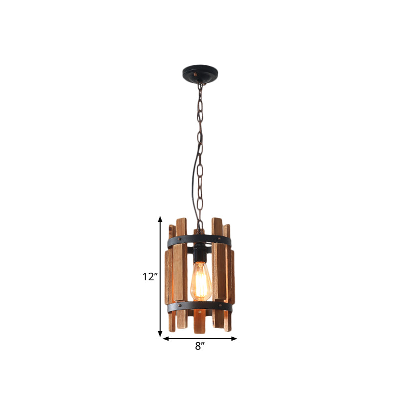 Round Metallic Pendant Lamp Rustic 1 Bulb Parlor Suspension Lamp with Cylindrical Wooden Frame in Wood/White Clearhalo 'Art Deco Pendants' 'Cast Iron' 'Ceiling Lights' 'Ceramic' 'Crystal' 'Industrial Pendants' 'Industrial' 'Metal' 'Middle Century Pendants' 'Pendant Lights' 'Pendants' 'Tiffany' Lighting' 1687613