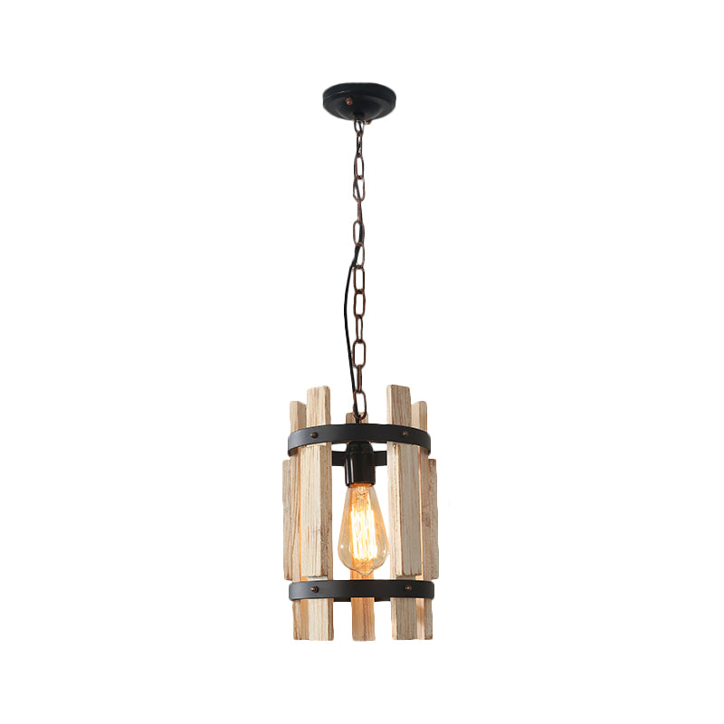 Round Metallic Pendant Lamp Rustic 1 Bulb Parlor Suspension Lamp with Cylindrical Wooden Frame in Wood/White Clearhalo 'Art Deco Pendants' 'Cast Iron' 'Ceiling Lights' 'Ceramic' 'Crystal' 'Industrial Pendants' 'Industrial' 'Metal' 'Middle Century Pendants' 'Pendant Lights' 'Pendants' 'Tiffany' Lighting' 1687617