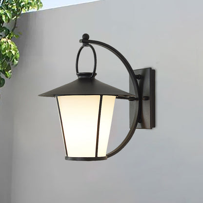 Conical Opal Glass Wall Mount Light Vintage 1-Head Courtyard Wall Lighting Ideas with Arc Arm in Black/Brass Black Clearhalo 'Art deco wall lights' 'Cast Iron' 'Glass' 'Industrial wall lights' 'Industrial' 'Middle century wall lights' 'Modern' 'Rustic wall lights' 'Tiffany' 'Traditional wall lights' 'Wall Lamps & Sconces' 'Wall Lights' Lighting' 1687619