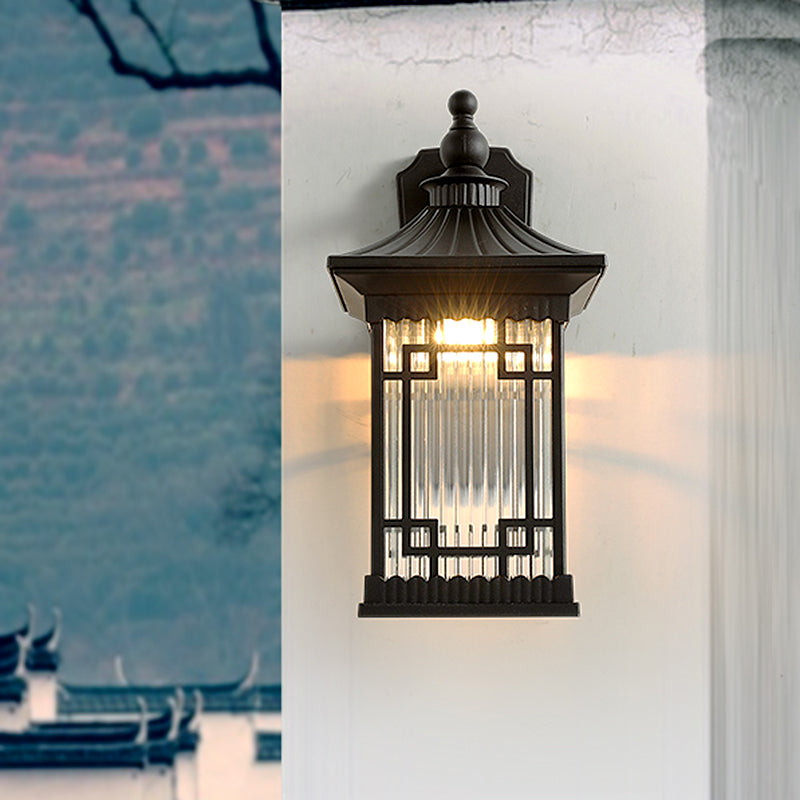 Classic Lantern Wall Mount Light Single Bulb Prismatic/Tan Glass Wall Lamp Fixture in Black/Coffee Clearhalo 'Art deco wall lights' 'Cast Iron' 'Glass' 'Industrial wall lights' 'Industrial' 'Middle century wall lights' 'Modern' 'Rustic wall lights' 'Tiffany' 'Traditional wall lights' 'Wall Lamps & Sconces' 'Wall Lights' Lighting' 1687638