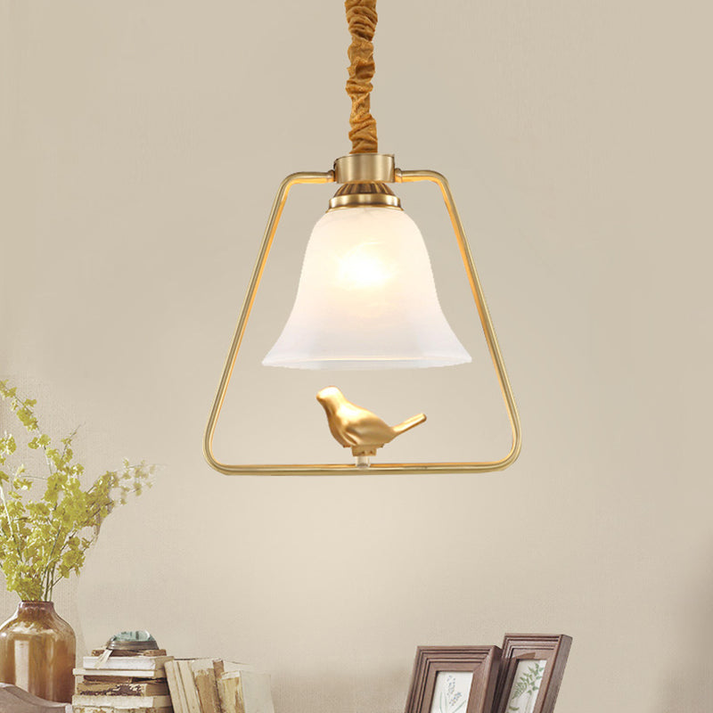 Bell Dining Hall Hanging Lamp Vintage Opal Glass Single Bulb Gold Framed Pendant Light Fixture with Bird Detail Clearhalo 'Ceiling Lights' 'Glass shade' 'Glass' 'Pendant Lights' 'Pendants' Lighting' 1687704