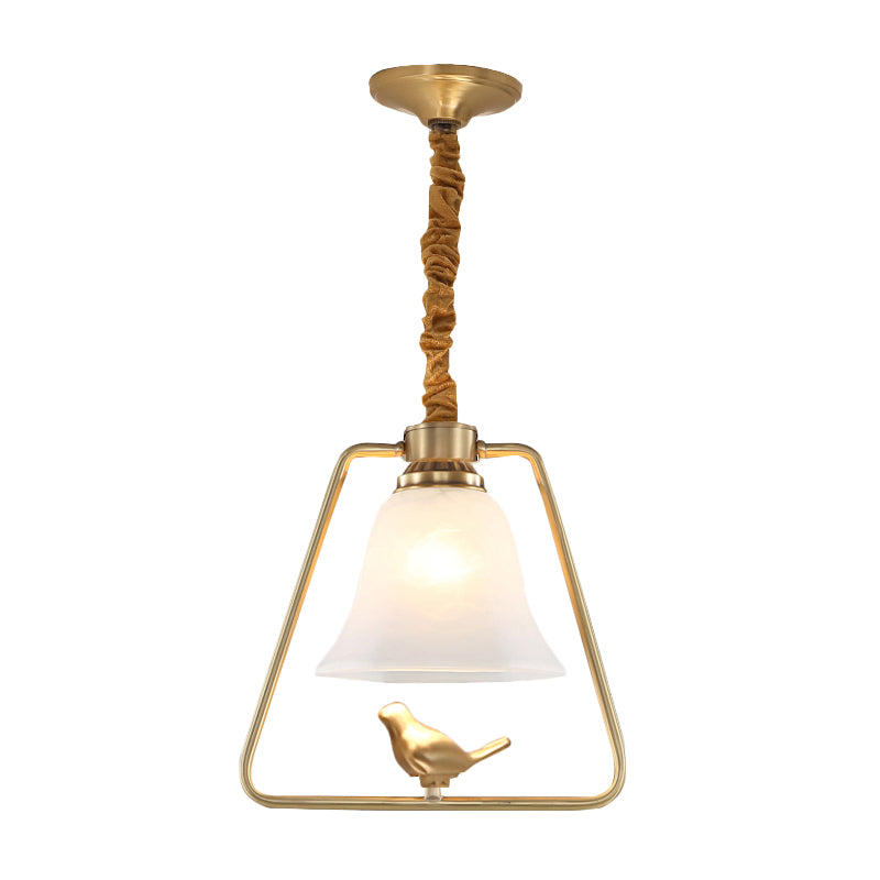Bell Dining Hall Hanging Lamp Vintage Opal Glass Single Bulb Gold Framed Pendant Light Fixture with Bird Detail Clearhalo 'Ceiling Lights' 'Glass shade' 'Glass' 'Pendant Lights' 'Pendants' Lighting' 1687705