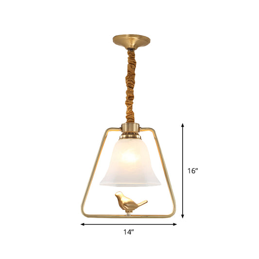 Bell Dining Hall Hanging Lamp Vintage Opal Glass Single Bulb Gold Framed Pendant Light Fixture with Bird Detail Clearhalo 'Ceiling Lights' 'Glass shade' 'Glass' 'Pendant Lights' 'Pendants' Lighting' 1687706
