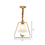 Bell Dining Hall Hanging Lamp Vintage Opal Glass Single Bulb Gold Framed Pendant Light Fixture with Bird Detail Clearhalo 'Ceiling Lights' 'Glass shade' 'Glass' 'Pendant Lights' 'Pendants' Lighting' 1687706