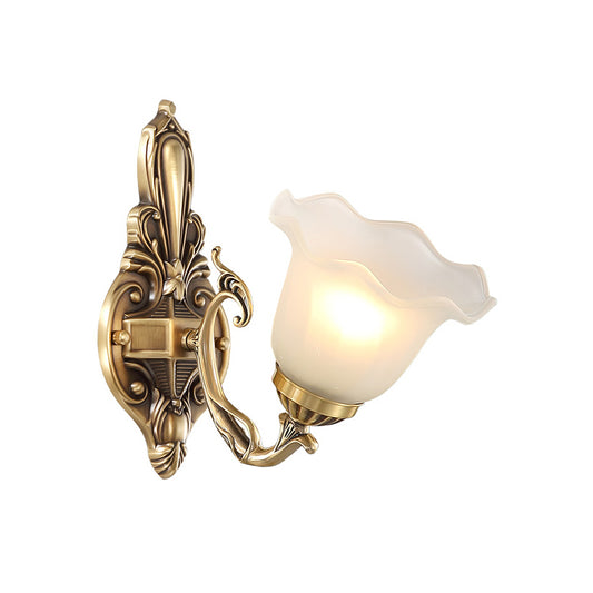 Bloom Shape Bedside Wall Lamp Retro Style Frosted Glass Single Light Antique Brass Wall Sconce Lighting Clearhalo 'Wall Lamps & Sconces' 'Wall Lights' Lighting' 1687722