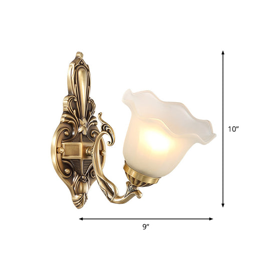 Bloom Shape Bedside Wall Lamp Retro Style Frosted Glass Single Light Antique Brass Wall Sconce Lighting Clearhalo 'Wall Lamps & Sconces' 'Wall Lights' Lighting' 1687723