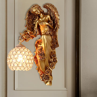 Faceted Crystal Global Sconce Vintage 1 Head Dining Room Wall Lighting Idea with Angel Resin Decor in White/Dark Gold, Left/Right Dark Gold Left Clearhalo 'Wall Lamps & Sconces' 'Wall Lights' Lighting' 1687744