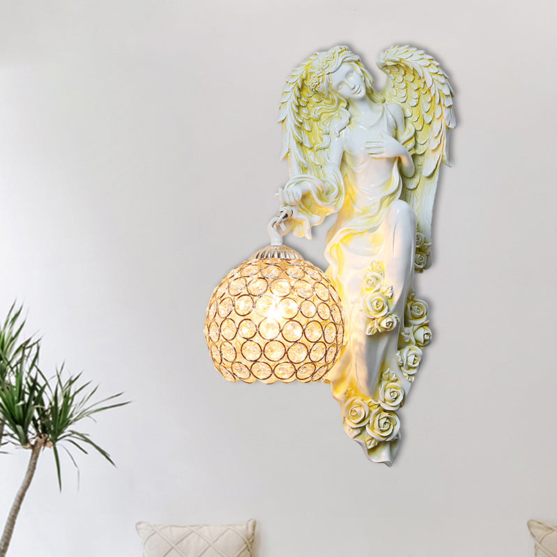 Faceted Crystal Global Sconce Vintage 1 Head Dining Room Wall Lighting Idea with Angel Resin Decor in White/Dark Gold, Left/Right White Left Clearhalo 'Wall Lamps & Sconces' 'Wall Lights' Lighting' 1687748