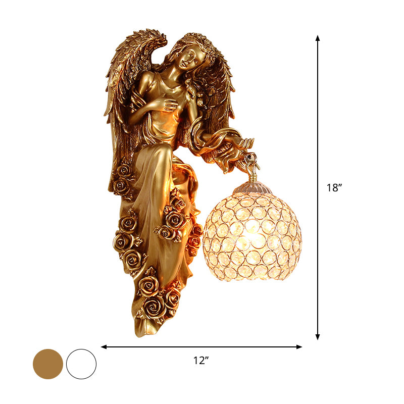 Faceted Crystal Global Sconce Vintage 1 Head Dining Room Wall Lighting Idea with Angel Resin Decor in White/Dark Gold, Left/Right Clearhalo 'Wall Lamps & Sconces' 'Wall Lights' Lighting' 1687756