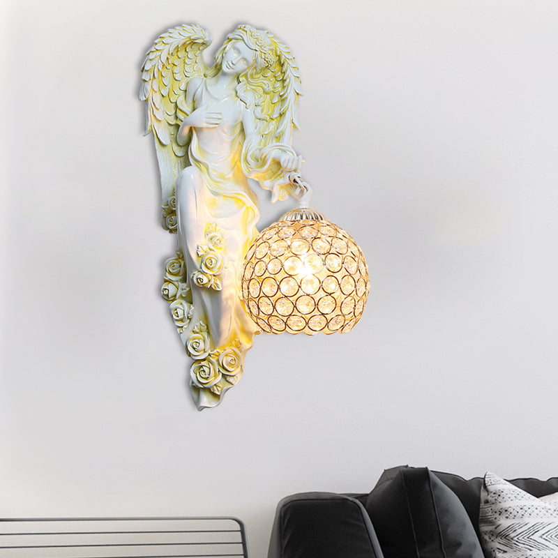 Faceted Crystal Global Sconce Vintage 1 Head Dining Room Wall Lighting Idea with Angel Resin Decor in White/Dark Gold, Left/Right Clearhalo 'Wall Lamps & Sconces' 'Wall Lights' Lighting' 1687759