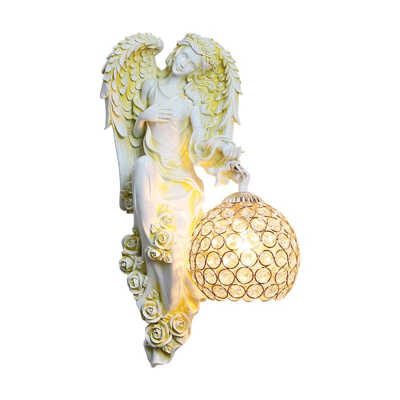 Faceted Crystal Global Sconce Vintage 1 Head Dining Room Wall Lighting Idea with Angel Resin Decor in White/Dark Gold, Left/Right Clearhalo 'Wall Lamps & Sconces' 'Wall Lights' Lighting' 1687760