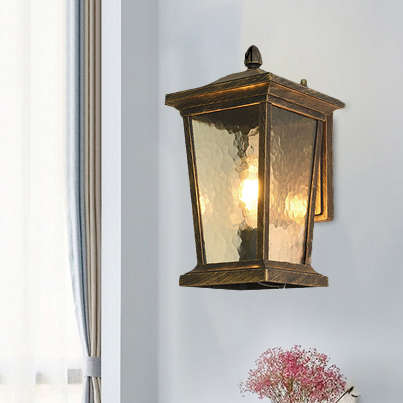 1-Head Flush Wall Sconce Traditional Porch Wall Mounted Lighting with Pavilion Dimpled Glass Shade in Black/Brass Clearhalo 'Art deco wall lights' 'Cast Iron' 'Glass' 'Industrial wall lights' 'Industrial' 'Middle century wall lights' 'Modern' 'Rustic wall lights' 'Tiffany' 'Traditional wall lights' 'Wall Lamps & Sconces' 'Wall Lights' Lighting' 1687785