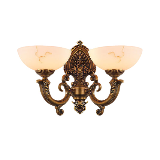 2 Heads Bowl Wall Mount Lighting Rustic Brass Finish Texture Glass Wall Lamp with Swirled Arm Clearhalo 'Wall Lamps & Sconces' 'Wall Lights' Lighting' 1687811