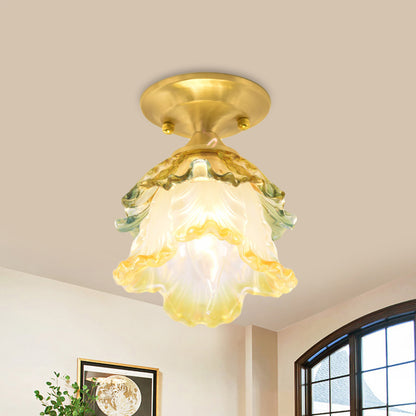 1-Head Flower Ceiling Lamp Retro Style Gold Ruffle Glass Semi Flush Mount Lighting for Hallway Gold Clearhalo 'Ceiling Lights' 'Close To Ceiling Lights' 'Close to ceiling' 'Glass shade' 'Glass' 'Island Lights' 'Semi-flushmount' Lighting' 1687884