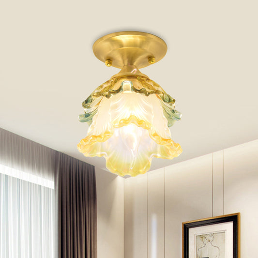 1-Head Flower Ceiling Lamp Retro Style Gold Ruffle Glass Semi Flush Mount Lighting for Hallway Clearhalo 'Ceiling Lights' 'Close To Ceiling Lights' 'Close to ceiling' 'Glass shade' 'Glass' 'Island Lights' 'Semi-flushmount' Lighting' 1687885