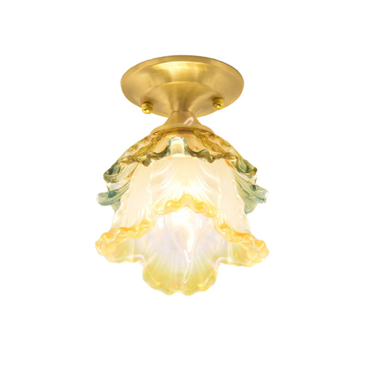 1-Head Flower Ceiling Lamp Retro Style Gold Ruffle Glass Semi Flush Mount Lighting for Hallway Clearhalo 'Ceiling Lights' 'Close To Ceiling Lights' 'Close to ceiling' 'Glass shade' 'Glass' 'Island Lights' 'Semi-flushmount' Lighting' 1687886