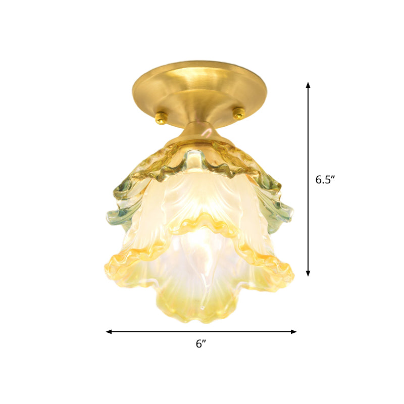 1-Head Flower Ceiling Lamp Retro Style Gold Ruffle Glass Semi Flush Mount Lighting for Hallway Clearhalo 'Ceiling Lights' 'Close To Ceiling Lights' 'Close to ceiling' 'Glass shade' 'Glass' 'Island Lights' 'Semi-flushmount' Lighting' 1687887