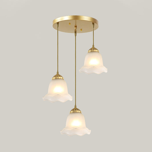 Floral Dining Room Cluster Pendant Classic Frosted Glass 3 Bulbs Gold Suspension Lighting Fixture Clearhalo 'Ceiling Lights' 'Glass shade' 'Glass' 'Pendant Lights' 'Pendants' Lighting' 1687914