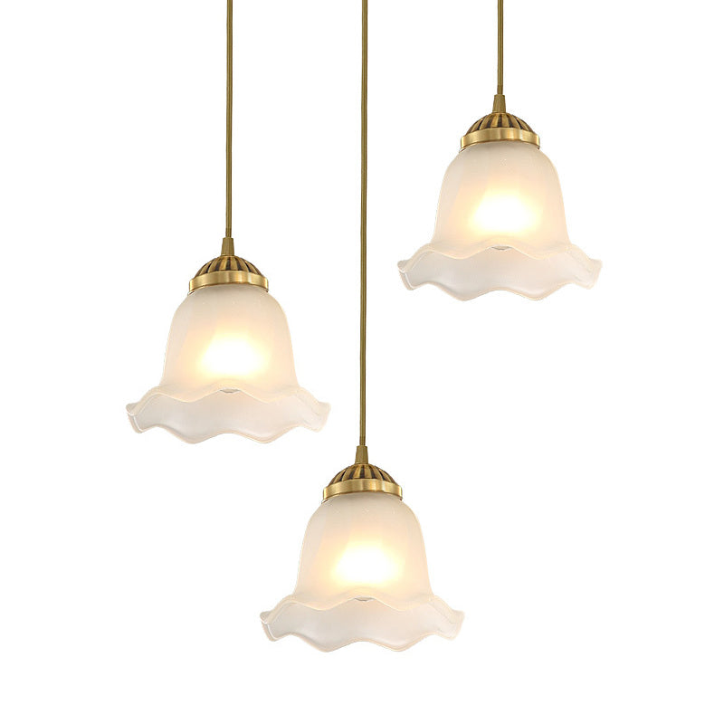 Floral Dining Room Cluster Pendant Classic Frosted Glass 3 Bulbs Gold Suspension Lighting Fixture Clearhalo 'Ceiling Lights' 'Glass shade' 'Glass' 'Pendant Lights' 'Pendants' Lighting' 1687915