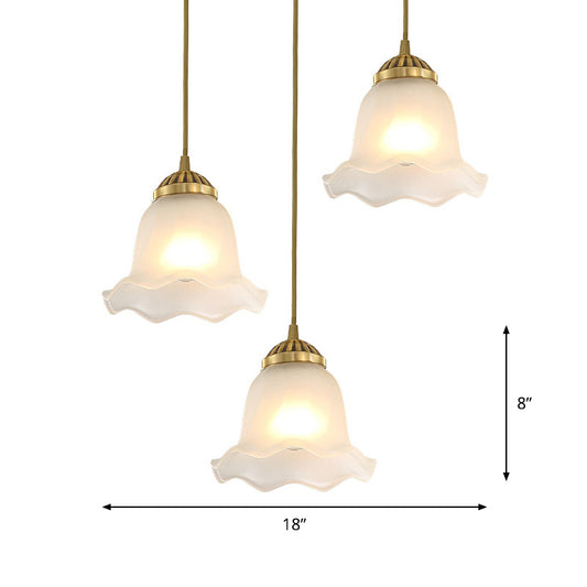 Floral Dining Room Cluster Pendant Classic Frosted Glass 3 Bulbs Gold Suspension Lighting Fixture Clearhalo 'Ceiling Lights' 'Glass shade' 'Glass' 'Pendant Lights' 'Pendants' Lighting' 1687916
